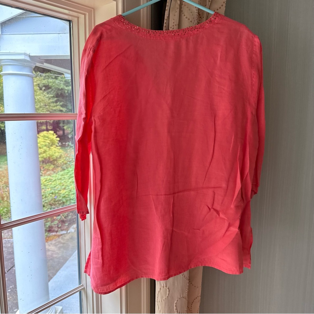 Eileen Fisher Pink Coral V-Neck Linen Top with Sequin Collar - Picture 3 of 9